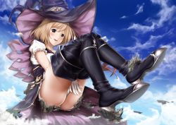 Rule 34 | 1girl, :d, ass, between legs, black footwear, blush, boots, brown eyes, cloud, commentary request, day, destruction, djeeta (granblue fantasy), dust cloud, floating island, giant, giantess, gloves, granblue fantasy, hand between legs, hat, high heel boots, high heels, huge giantess, light brown hair, open mouth, panties, pantyshot, rakia (ds00309), shiny clothes, short hair, sky, smile, solo, teeth, thigh boots, thighhighs, thighs, underwear, warlock (granblue fantasy), white gloves, white panties, witch hat