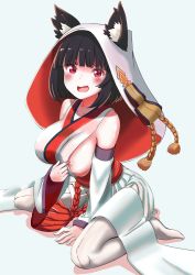 Rule 34 | 1girl, :d, animal ear fluff, animal ears, azur lane, bare shoulders, between legs, black hair, blunt bangs, blush, breasts, cat ears, clothes pull, detached sleeves, fang, hand between legs, japanese clothes, kimono, large breasts, long sleeves, looking at viewer, open mouth, porontyo 07, pulling own clothes, red eyes, short hair, sitting, smile, solo, uchikake, v-shaped eyebrows, wariza, white legwear, wide sleeves, yamashiro (azur lane), yamashiro (bridal attack!) (azur lane)