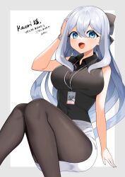 Rule 34 | 1girl, :d, bare arms, black hairband, black pantyhose, black shirt, blue eyes, breasts, collared shirt, commission, earrings, grey hair, hair between eyes, hairband, hand in own hair, highres, jewelry, long hair, medium breasts, miniskirt, mole, mole under eye, open mouth, original, pantyhose, pencil skirt, shirt, sitting, skeb commission, skirt, sleeveless, sleeveless shirt, smile, solo, very long hair, watch, white skirt, wing collar, wristwatch, yuihico