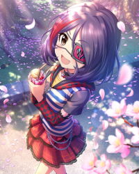 Rule 34 | 1girl, brown eyes, card (medium), chain, cherry blossoms, drinking straw, eyepatch, fang, hayasaka mirei, idolmaster, idolmaster cinderella girls, multicolored hair, official art, open mouth, purple hair, red hair, red skirt, skirt, solo
