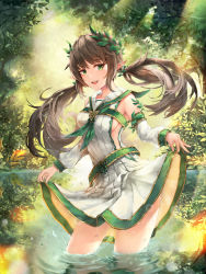 Rule 34 | 1girl, :d, absurdres, backlighting, bare shoulders, breasts, brown hair, clothes lift, crystalherb, detached sleeves, elf, forest, gold trim, green eyes, hair ornament, highres, laurel crown, long hair, looking at viewer, medium breasts, nature, open mouth, original, outdoors, pointy ears, reflection, sideboob, skirt, skirt lift, smile, solo, standing, sunlight, twintails, water, water drop