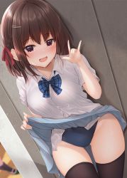 Rule 34 | 1girl, 1other, black thighhighs, blue bow, blue one-piece swimsuit, blue skirt, blush, bow, braid, breasts, brown hair, clothes lift, collared shirt, commentary request, dress shirt, fox shadow puppet, hair bow, hair ornament, hairclip, hand up, lifted by self, looking at viewer, medium breasts, minato ojitan, one-piece swimsuit, open mouth, original, plaid, plaid bow, pleated skirt, red bow, red eyes, school uniform, shirt, skirt, skirt lift, solo focus, swimsuit, swimsuit under clothes, thighhighs, wet, white shirt