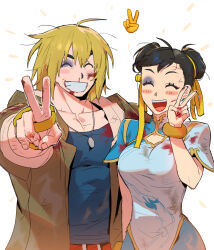 Rule 34 | 1boy, 1girl, ^ ^, after battle, blonde hair, blood, blood on face, blush stickers, breasts, bruise, capcom, china dress, chinese clothes, chun-li, chwisohaelabang geumgeumal, closed eyes, dress, emoji, friends, grin, highres, injury, ken masters, large breasts, medium hair, mismatched eyebrows, muscular, muscular male, pectoral cleavage, pectorals, side-by-side, smile, sparse stubble, street fighter, street fighter 6, thick eyebrows, v