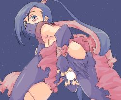 Rule 34 | 1girl, amami amayu, assassin, assassin (ragnarok online), bent over, blue eyes, blue hair, blush, breasts, censored, fingerless gloves, from behind, gloves, high ponytail, large breasts, long hair, looking at viewer, looking back, mask, matching hair/eyes, mouth mask, night, night sky, oekaki, ponytail, pussy, ragnarok online, sky, solo, spread pussy, star (sky), star (symbol), starry sky, torn clothes
