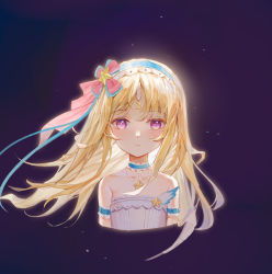 Rule 34 | 1girl, bare shoulders, blonde hair, blue hairband, civia, closed mouth, crescent, dress, expressionless, hair ornament, hairband, highres, hololive, hololive china, horns, jewelry, long hair, looking at viewer, necklace, purple eyes, qingshu, single horn, solo, star (symbol), star hair ornament, strapless, strapless dress, unicorn, upper body, virtual youtuber, wind