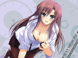 Rule 34 | 1girl, blush, breasts, brown hair, cleavage, clothes pull, downblouse, green eyes, large breasts, leaning forward, long hair, looking at viewer, open clothes, open shirt, original, pantyhose, shirt, shirt pull, skirt, smile, solo, thermometer, tomose shunsaku