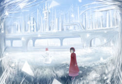 Rule 34 | 1girl, black dress, black hair, boots, bridge, building, closed mouth, commentary request, dress, frozen, frozen lake, headphones, highres, ice, long sleeves, looking at viewer, original, scenery, short hair, snow, snowman, solo, standing