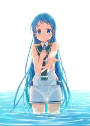 Rule 34 | blue eyes, blue hair, hand on own chest, jewelry, kantai collection, long hair, looking at viewer, oge (ogeogeoge), partially submerged, ring, samidare (kancolle), school uniform, serafuku, simple background, sleeveless, smile, solo, very long hair, wading, water, wedding ring, wet, wet clothes