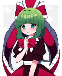 Rule 34 | 1girl, @ @, absurdres, blunt bangs, blush, bow, commission, dress, frilled ribbon, frilled sleeves, frills, front ponytail, green eyes, green hair, hair bow, hair ribbon, highres, kagiyama hina, leaf, looking at viewer, maple leaf, red bow, red dress, red ribbon, ribbon, short hair, short sleeves, skeb commission, solo, touhou, upper body, you (noanoamoemoe)