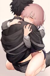 Rule 34 | 1boy, 1girl, barefoot, black hair, blush, closed eyes, clothed sex, fate/grand order, fate (series), fujimaru ritsuka (male), fujimaru ritsuka (male) (polar chaldea uniform), hair over one eye, hetero, highres, hug, implied sex, kaita (mokamilkcup), long sleeves, mash kyrielight, pink hair, sex, short hair, simple background, straddling, sweat, upright straddle, white background