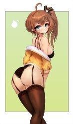 Rule 34 | 1girl, ass, back, black bra, black panties, blush, border, bra, breasts, brown hair, from behind, garter straps, gradient background, green eyes, hair ribbon, highres, hololive, lingerie, looking at viewer, looking back, natsuiro matsuri, natsuiro matsuri (1st costume), no pants, notte, orange shirt, outside border, panties, puffy sleeves, ribbon, shirt, short hair, short sleeves, side ponytail, sideboob, small breasts, smile, solo, thighhighs, thighs, underwear, virtual youtuber, white border