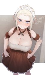 Rule 34 | 10s, 1girl, absurdres, bare shoulders, black skirt, blush, breasts, cleavage, closed mouth, collarbone, detached sleeves, frilled skirt, frilled sleeves, frills, hands on own hips, highres, large breasts, looking at viewer, maid, maid headdress, maerchen maedchen, maria rasputin, neck ribbon, ohisashiburi, puffy detached sleeves, puffy sleeves, purple eyes, ribbon, short hair, sidelocks, silver hair, skirt, solo, standing, sweat, white ribbon