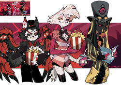 Rule 34 | 3boys, absurdres, angel dust (hazbin hotel), artist name, bags under eyes, black choker, black fur, black gloves, black hair, black headwear, black pants, black scales, black sclera, black skin, black thighhighs, blonde hair, body fur, bow, bowtie, cat boy, choker, colored sclera, colored skin, commentary, cropped legs, cup, derivative work, disposable cup, drink, drinking straw, eating, english commentary, extra arms, eyeball, fangs, fangs out, feathered wings, fingerless gloves, food, food on face, furry, furry male, gloves, goggles, goggles on head, goggles on headwear, gold teeth, grey headwear, grey jacket, hat, hazbin hotel, heart-shaped eyebrows, highres, holding, holding cup, holding drink, holding food, holding magazine, husk (hazbin hotel), jacket, lamia boy, lilivae, long hair, long sleeves, looking at another, magazine (object), male focus, mismatched sclera, monster boy, multicolored hair, multiple boys, open magazine, pants, pink eyes, pink gloves, pink jacket, popcorn, red bow, red bowtie, red sclera, red wings, screenshot inset, screenshot redraw, sharp teeth, sir pentious, smile, streaked hair, striped clothes, striped jacket, suspenders, teeth, thighhighs, top hat, traditional bowtie, twitter username, two-tone fur, white fur, white gloves, wings, yellow eyes, yellow scales, yellow sclera, yellow teeth
