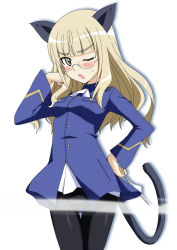 Rule 34 | 1girl, animal ears, black pantyhose, blonde hair, blush, cat ears, cat tail, glasses, highres, minpei ichigo, open mouth, pantyhose, perrine h. clostermann, solo, strike witches, tail, world witches series, yellow eyes