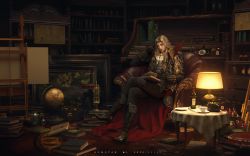 Rule 34 | 1boy, alucard (castlevania), armchair, artist name, black footwear, black gloves, black jacket, black pants, blonde hair, book, book stack, bookshelf, boots, bottle, bow, bowtie, box, cabinet, canvas (object), cape, carpet, castlevania (series), chain, chair, chest of drawers, closed mouth, corded phone, crossed legs, dark, dated, desk, dhampir, drawer, easel, globe, gloves, half-human, hand on own head, hand up, high heel boots, high heels, highres, homutan (syjg2733), indoors, jacket, jar, knee boots, lamp, library, long hair, looking away, male focus, open book, painting (object), pants, phone, picture frame, reading, red cape, solo, stool, table, tablecloth, two-sided cape, two-sided fabric, undead, vampire, wavy hair, white bow, white bowtie, wide shot