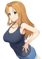 Rule 34 | 1girl, absurdres, bare shoulders, blue eyes, breasts, brown hair, cleavage, closed mouth, collarbone, denim, denim shorts, grey tank top, hand on own hip, highres, idolmaster, idolmaster cinderella girls, idolmaster cinderella girls starlight stage, jewelry, large breasts, long hair, matsumoto sarina, necklace, onao, shorts, simple background, smile, solo, standing, tank top, white background