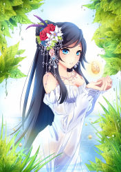 Rule 34 | 1girl, bad id, bad pixiv id, bare shoulders, black hair, blue eyes, breasts, cleavage, collar, day, detached sleeves, dew drop, dress, earrings, empire waist, female focus, flower, gold, hair flower, hair ornament, jewelry, kishichi, leaf, long hair, looking at viewer, medium breasts, necklace, original, outdoors, rose, solo, water, water drop, wet, white dress