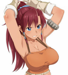 Rule 34 | 10s, 1girl, armlet, armpits, arms up, bellows (suisei no gargantia), blouse, blue eyes, breasts, cleavage, clenched teeth, dark-skinned female, dark skin, earrings, gloves, hair between eyes, hoop earrings, jewelry, large breasts, orange shirt, ponytail, red hair, shirt, simple background, solo, suisei no gargantia, taut clothes, taut shirt, teeth, tenchisouha, v-shaped eyebrows, white background