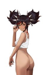 Rule 34 | 1girl, :d, absurdres, ass, bare shoulders, bellone, black nails, blush, bottomless, dark skin, dark-skinned female, from side, genshin impact, highres, looking at viewer, multicolored hair, nail polish, open mouth, red hair, short twintails, simple background, smile, solo, spikes, streaked hair, tank top, twintails, white background, white tank top, xinyan (genshin impact), yellow eyes