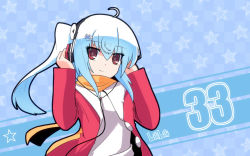 Rule 34 | 1girl, ahoge, auer, bili girl, bili girl 33, bilibili, blue hair, character name, copyright name, hair ornament, hand on own ear, hand on own ear, headphones, highres, light smile, personification, red eyes, scarf, side ponytail, solo, star (symbol), wallpaper
