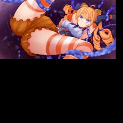 Rule 34 | 1girl, ahoge, arms up, black gloves, blue eyes, closed mouth, dmm, female focus, frills, game cg, gloves, irohara, jack-o&#039;-lantern, long hair, orange hair, sally-o&#039;-lantern, solo, striped clothes, striped thighhighs, tentacles, tenu2606tac, thighhighs, twintails