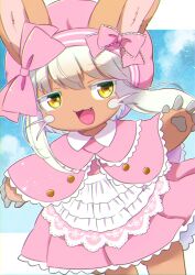 Rule 34 | 1other, absurdres, apron, bow, brown fur, capelet, chromatic aberration, claws, dress, ear bow, fang, frilled capelet, frilled dress, frilled ribbon, frills, furry, furry other, hat, highres, kemoribon, made in abyss, nanachi (made in abyss), no nose, open mouth, pawpads, pink bow, pink capelet, pink dress, pink hat, ribbon, solo, star (symbol), star in eye, symbol in eye, waist apron, whiskers, white hair, yellow eyes