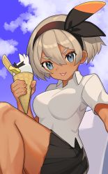 Rule 34 | 1girl, bea (pokemon), black hairband, blonde hair, bow hairband, breasts, cloud, collared shirt, commentary request, creatures (company), dark-skinned female, dark skin, day, eyelashes, from below, game freak, gen 8 pokemon, grey eyes, hair between eyes, hairband, hand up, highres, holding, ice cream cone, katwo, knees, light blush, nintendo, official alternate costume, outdoors, pleated skirt, pokemon, pokemon swsh, shirt, short hair, short sleeves, sirfetch&#039;d, skirt, sky, solo, tongue, tongue out, white shirt
