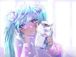 Rule 34 | 1girl, bad id, bad pixiv id, blue eyes, blue hair, bottle, dopodozo, hair between eyes, hatsune miku, head tilt, holding, holding bottle, long hair, pink sweater, solo, sweater, twintails, upper body, vocaloid