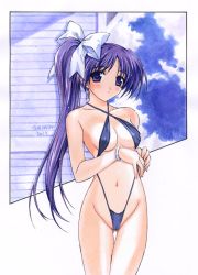 Rule 34 | 00s, 1girl, 2001, bangle, black one-piece swimsuit, blush, bow, bracelet, breasts, cleavage, groin, hair bow, hasumi elan, itou noemi, jewelry, navel, one-piece swimsuit, pretzel bikini, purple eyes, purple hair, side ponytail, signature, slingshot swimsuit, solo, standing, stomach, swimsuit, thigh gap, thighs, with you