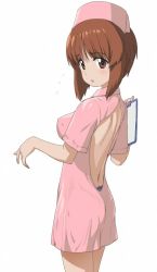 Rule 34 | 10s, 1girl, a1 (initial-g), alternate costume, backless outfit, breasts, brown eyes, brown hair, clipboard, covered erect nipples, cowboy shot, flying sweatdrops, from side, girls und panzer, hat, holding, medium breasts, nishizumi miho, nurse, nurse cap, parted lips, solo, standing, white background