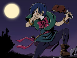 Rule 34 | 1girl, blue hair, blush stickers, carrie fernandez, castle, castlevania: legacy of darkness, castlevania (series), dress, food, foot out of frame, full moon, leg up, meat, moon, panties, panties under pantyhose, pantyhose, red eyes, short hair, skirt, solo, standing, standing on one leg, stupa13a, underwear