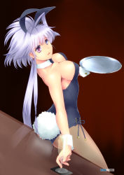 Rule 34 | 1girl, animal ears, back-seamed legwear, blue eyes, blue hair, breasts, rabbit ears, rabbit tail, cleavage, collarbone, counter, cup, detached collar, downblouse, drinking glass, fake animal ears, from above, from behind, heterochromia, holding, large breasts, lavolpe (yagisaka seto), original, pantyhose, playboy bunny, purple eyes, seamed legwear, sidelocks, standing, tail, tray, wine glass, wrist cuffs, yagisaka seto
