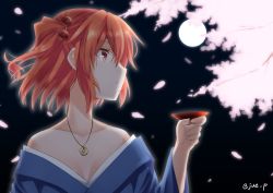 Rule 34 | 1girl, absurdres, blue kimono, breasts, cherry blossoms, cleavage, collarbone, cup, full moon, hair bobbles, hair ornament, highres, holding, japanese clothes, jewelry, kimono, moon, necklace, off shoulder, onozuka komachi, orange eyes, orange hair, outdoors, parted lips, profile, sakazuki, short hair, small breasts, solo, touhou, twitter username, upper body, yuuki eishi