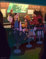 Rule 34 | 1girl, 2boys, ^ ^, alcohol, arm up, asaya minoru, axl low, backpack, bag, bandana, bar (place), bar stool, beer, black gloves, black pants, blonde hair, blue shirt, blurry, blurry foreground, boots, brown eyes, brown footwear, brown gloves, brown hair, closed eyes, cup, depth of field, drinking glass, closed eyes, facing viewer, fingerless gloves, food, french fries, gloves, grin, guilty gear, guilty gear strive, holding, holding cup, holding food, jacket, long hair, long sleeves, looking at viewer, looking back, may (guilty gear), multiple boys, open clothes, open jacket, orange footwear, orange shirt, pants, plaid, plaid jacket, ponytail, red footwear, red jacket, shirt, shoes, sitting, smile, sol badguy, stool, sword, very long hair, weapon, white pants, wooden floor