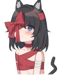 Rule 34 | 1girl, animal ears, bandage over one eye, bandaged arm, bandages, black hair, bow, cat ears, cat girl, cat tail, flat chest, gift wrapping, highres, naked ribbon, original, red ribbon, ribbon, satou (3366 s), short hair, simple background, tail, white background, wrapped