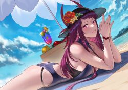 Rule 34 | 1girl, absurdres, ass, bare arms, beach, beach umbrella, blue one-piece swimsuit, breast press, breasts, commission, commissioner upload, deras, drink, fire emblem, fire emblem engage, fire emblem heroes, flower, from side, hat, hat flower, highres, ivy (fire emblem), ivy (summer) (fire emblem), large breasts, long hair, looking at viewer, lying, nail polish, nintendo, non-web source, ocean, official alternate costume, on stomach, one-piece swimsuit, outdoors, own hands together, pink eyes, pink nails, purple hair, see-through, solo, sun hat, swimsuit, the pose, towel, umbrella