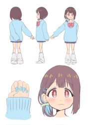 Rule 34 | 1girl, alternate costume, alternate hairstyle, arm behind back, blue hair, blue nails, bow, bowtie, brown eyes, brown hair, character sheet, commentary, dot nose, earrings, gyaru, hair ornament, hair scrunchie, hairclip, highres, hozuki momiji, jewelry, kogal, leg warmers, light blush, long sleeves, looking at viewer, multicolored hair, multiple views, nail polish, onii-chan wa oshimai!, red bow, red bowtie, scrunchie, short hair, simple background, sleeves past wrists, stud earrings, tama go, two-tone hair, wavy mouth, white background