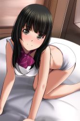 Rule 34 | 1girl, absurdres, all fours, bare arms, bare legs, bare shoulders, black hair, blush, bow, bra, brown eyes, closed mouth, diagonal-striped bow, feet out of frame, highres, indoors, looking at viewer, matsunaga kouyou, nose blush, original, panties, purple bow, smile, solo, underwear, underwear only, white bra, white panties