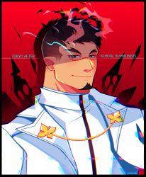 Rule 34 | 1boy, black hair, facial hair, glowing, glowing eye, goatee, highres, horns, lisuchi, looking at viewer, male focus, mature male, military, military uniform, navel, pointy ears, scar, scar on face, scar on nose, short hair, sideburns, smile, solo, tokyo houkago summoners, undercut, uniform, upper body, yoritomo (housamo)