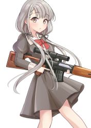 Rule 34 | 1girl, black jacket, black ribbon, black skirt, bow, braid, braided bangs, brown eyes, collared shirt, commentary request, dragunov svd, dress shirt, feet out of frame, grey hair, gun, hair over shoulder, hair ribbon, highres, hisakawa nagi, holding, holding gun, holding weapon, idolmaster, idolmaster cinderella girls, idolmaster cinderella girls starlight stage, jacket, juliet sleeves, long hair, long sleeves, looking at viewer, low twintails, mitsumine raimu, parted lips, pleated skirt, puffy sleeves, red bow, ribbon, rifle, scope, shirt, simple background, skirt, sniper rifle, solo, trigger discipline, twintails, very long hair, weapon, white background, white shirt