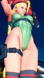 Rule 34 | 1girl, 3d, absurdres, antenna hair, arms up, bare shoulders, blonde hair, braid, breasts, cameltoe, cammy white, covered navel, crossed legs, curvy, gloves, green leotard, hat, highleg, highleg leotard, highres, leotard, lips, long hair, looking to the side, medium breasts, red gloves, red hat, ryona, screencap, shiny clothes, smile, solo, street fighter, street fighter v, stretching, thighs, third-party edit, thong leotard, twin braids, very long hair, wide hips