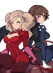 Rule 34 | 2girls, absurdres, ass, blonde hair, blue eyes, bodysuit, boots, breasts, brown hair, cleavage, gloves, hair ornament, hairclip, highres, large breasts, long hair, multiple girls, niijima makoto, one eye closed, persona, persona 5, red eyes, short hair, sitting, skin tight, tail, takamaki anne, thigh boots, twintails, whip, wink, winterregalia