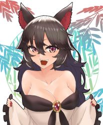 Rule 34 | 1girl, animal ears, bamboo, blush, breasts, brooch, brown hair, cleavage, commentary request, dress, fangs, fingernails, highres, imaizumi kagerou, jewelry, ke-su, large breasts, leaf, long hair, long sleeves, looking at viewer, nail polish, off-shoulder dress, off shoulder, open mouth, red eyes, red nails, sharp fingernails, slit pupils, smile, solo, touhou, upper body, white background, white dress, wolf ears, wolf girl