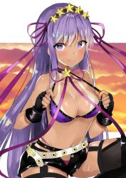 Rule 34 | 1girl, bare shoulders, bb (fate), bb (fate) (all), bb (swimsuit mooncancer) (fate), bb (swimsuit mooncancer) (second ascension) (fate), belt, bikini, black gloves, black shorts, black thighhighs, border, breasts, cleavage, dark-skinned female, dark skin, fate/grand order, fate (series), fingerless gloves, gloves, gyaru, hair ornament, hair ribbon, hairband, highres, large breasts, licking lips, long hair, looking at viewer, micro shorts, neck ribbon, purple bikini, purple eyes, purple hair, purple ribbon, ribbon, short shorts, shorts, smile, solo, star (symbol), star hair ornament, strap pull, studded garter belt, sweat, swimsuit, tan, tanline, thighhighs, thighs, tongue, tongue out, twilight, white belt, white border, yufou