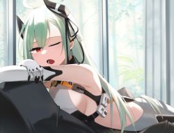 Rule 34 | 1girl, ahoge, aqua hair, black ribbon, bodysuit, breasts, earrings, elbow gloves, feet out of frame, girls&#039; frontline, gloves, hair ribbon, harness, highres, hinami047, jewelry, large breasts, leotard, long hair, looking at viewer, ltlx 7000 (girls&#039; frontline), lying, mechanical ears, mole, mole on neck, on stomach, one eye closed, open mouth, plant, red eyes, ribbon, sideboob, simple background, solo, teardrop, upper body, white bodysuit, white gloves, white leotard, window
