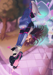 Rule 34 | 1girl, animal print, bodysuit, breasts, brown eyes, brown hair, charm (object), covered mouth, d.va (overwatch), ejection, facepaint, facial mark, firing, full body, gloves, gun, handgun, headphones, high collar, highres, holding, holding gun, holding weapon, long hair, matching hair/eyes, mecha, meka (overwatch), outdoors, overwatch, overwatch 1, peardropped, pilot suit, pistol, rabbit print, ribbed bodysuit, robot, shoulder pads, skin tight, small breasts, solo, swept bangs, tree, upside-down, weapon, whisker markings, white gloves