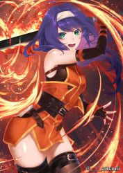 Rule 34 | 1girl, ahoge, bare shoulders, blue hair, detached sleeves, fingerless gloves, fire, fire emblem, fire emblem: path of radiance, fire emblem heroes, gloves, green eyes, hairband, headband, highres, long hair, looking at viewer, mia (fire emblem), nintendo, open mouth, purple hair, smile, solo, sword, thighhighs, weapon