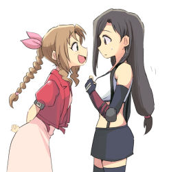 Rule 34 | 2girls, aerith gainsborough, arms behind back, black gloves, black hair, black skirt, black thighhighs, bracer, braid, braided ponytail, brown hair, commentary request, cropped jacket, dress, drill hair, earrings, elbow gloves, elbow pads, final fantasy, final fantasy vii, fingerless gloves, from side, gloves, hair ribbon, hair tie, jacket, jewelry, leaning forward, long dress, long hair, looking at another, low-tied long hair, midriff, miniskirt, motion lines, multiple girls, open clothes, open jacket, open mouth, parted lips, pink dress, pink ribbon, puffy short sleeves, puffy sleeves, red jacket, ribbon, shirt, short sleeves, sidelocks, simple background, single braid, skirt, smile, standing, suspender skirt, suspenders, sweatdrop, tank top, thighhighs, tifa lockhart, tsubobot, white background, white shirt, white tank top