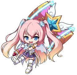 Rule 34 | 1girl, :d, angelic buster, bare shoulders, blue eyes, boots, brown hair, fang, full body, gloves, glowing, gradient hair, hair between eyes, hair ornament, hammer, holding, holding hammer, long hair, looking at viewer, maplestory, multicolored hair, nekono rin, open mouth, pink hair, pleated skirt, purple skirt, revision, shirt, skirt, sleeveless, sleeveless shirt, smile, solo, star (symbol), thighhighs, thighhighs under boots, transparent background, transparent wings, two-handed, two side up, very long hair, white footwear, white gloves, white shirt, white thighhighs