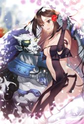 Rule 34 | 1boy, 1girl, absurdres, arrow (tamawo222), black choker, black dress, breasts, brown eyes, brown hair, carrying over shoulder, centaur, center opening, choker, cleavage, dress, fate/grand order, fate (series), flower, hair flower, hair ornament, highres, hip focus, horns, long hair, mask, medium breasts, navel, open mouth, pinstripe pattern, revealing clothes, ribbon-trimmed dress, smile, strapless, strapless dress, striped, taur, thighs, very long hair, xiang yu (fate), yu mei-ren (fate)